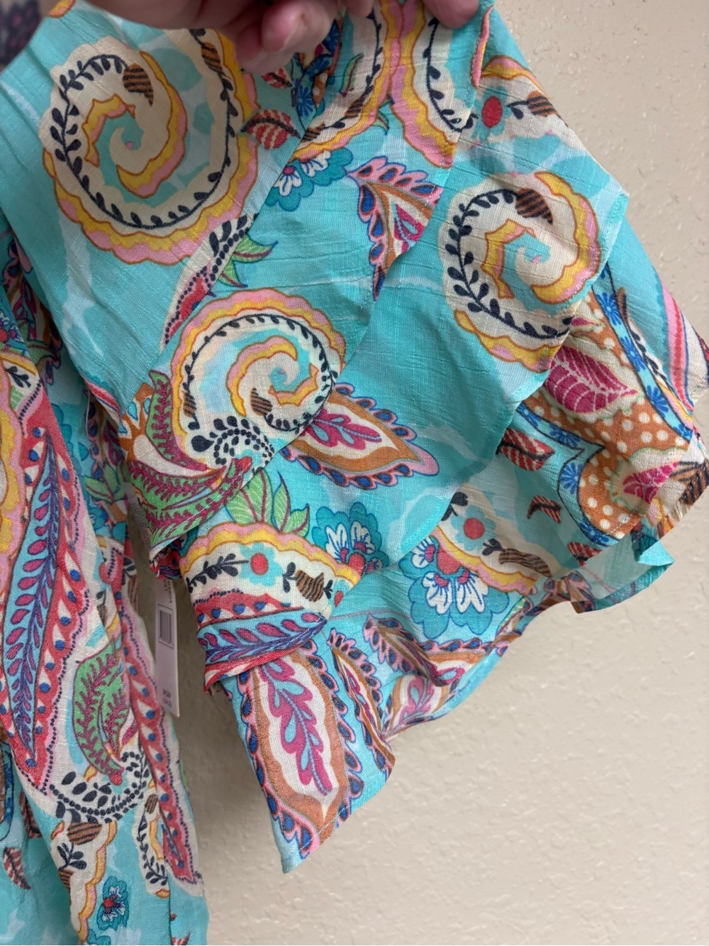 Sharagano Turquoise Multicolor Paisley V-Neck Ruffle Sleeve Tunic - Picture 3 of 6